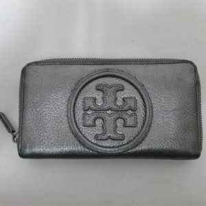 Tory Burch stacked Logo Continental zip around clutch wallet organizer gray